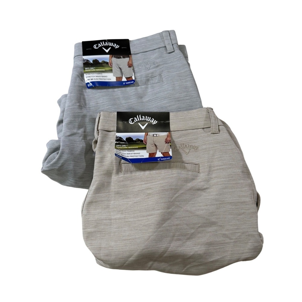 LOT OF 2 Callaway Golf Shorts 38 Grey Khaki Opti-Dri Stretch Performance Sport